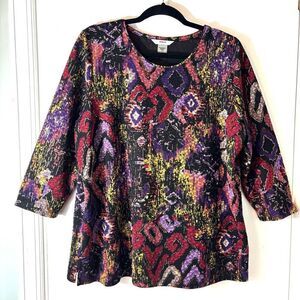 ALIA 1X abstract red purple black multi w gold metallic touches tunic